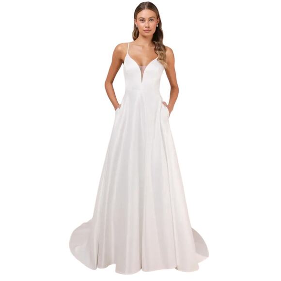 Lulu's Dresses & Skirts - LULUS Exceptional Passion White Satin Cutout‎ Wedding Dress With Pockets-Size S